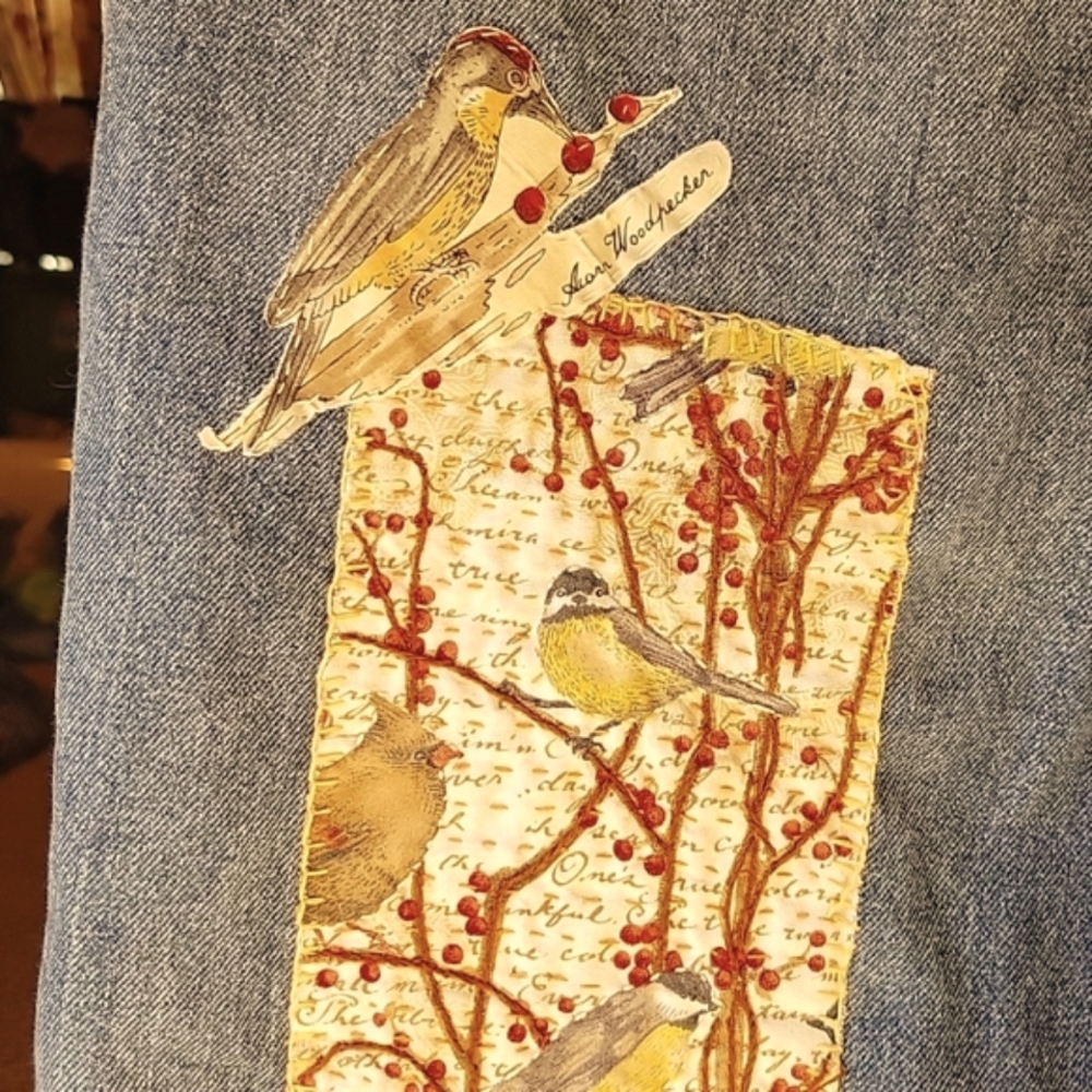 HAND CRAFTED Jeans UPCYCLED Blue Denim Patchwork Bird Floral Applique Size 10 - Picture 7 of 17